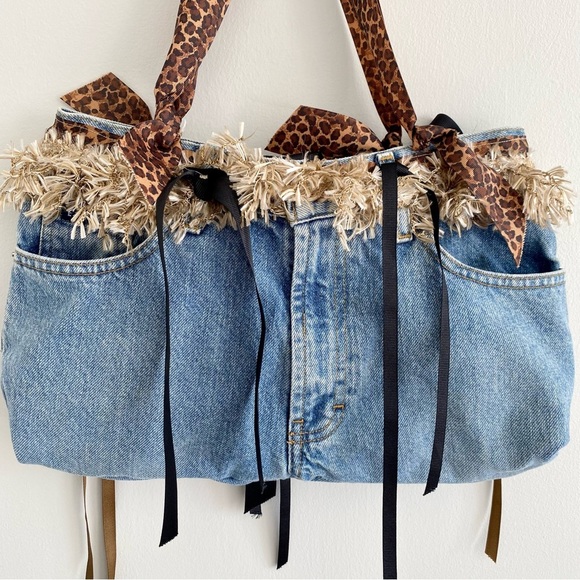 Denim Leopard Fringe Jean Bag - Picture 3 of 6